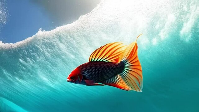 a hepta color fish with a tail like peacock feathers in a thrilling sea with a solid background
