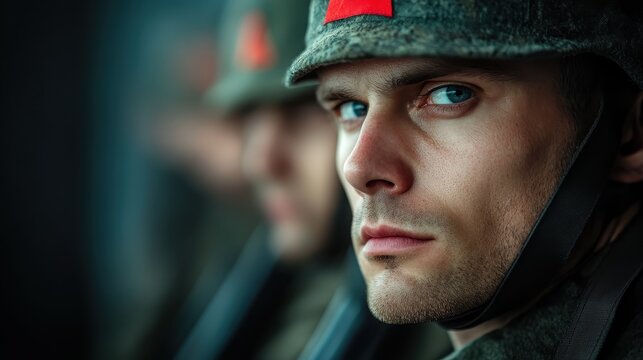 A close-up view of a soldier's thoughtful expression in military gear, highlighting reflective moments in service, duty, and dedication to protecting homeland.