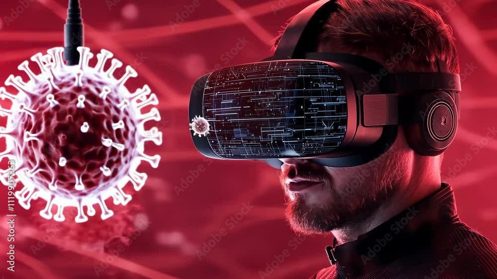 Poster Futuristic Hacker Using VR Technology with Cyber Patterns and Digital Interfaces