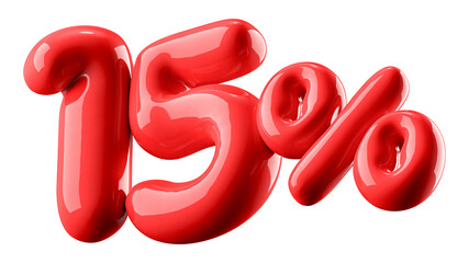 15 Percent Off Discount Glossy Red Number 3D Illustration