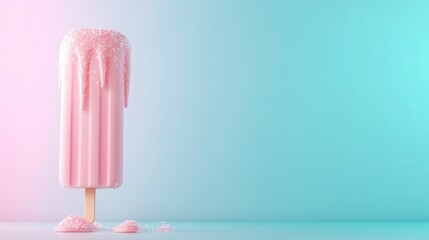 A delicious pink popsicle appears to melt gracefully against a pastel gradient background, combining sweet indulgence with artistic minimalism.