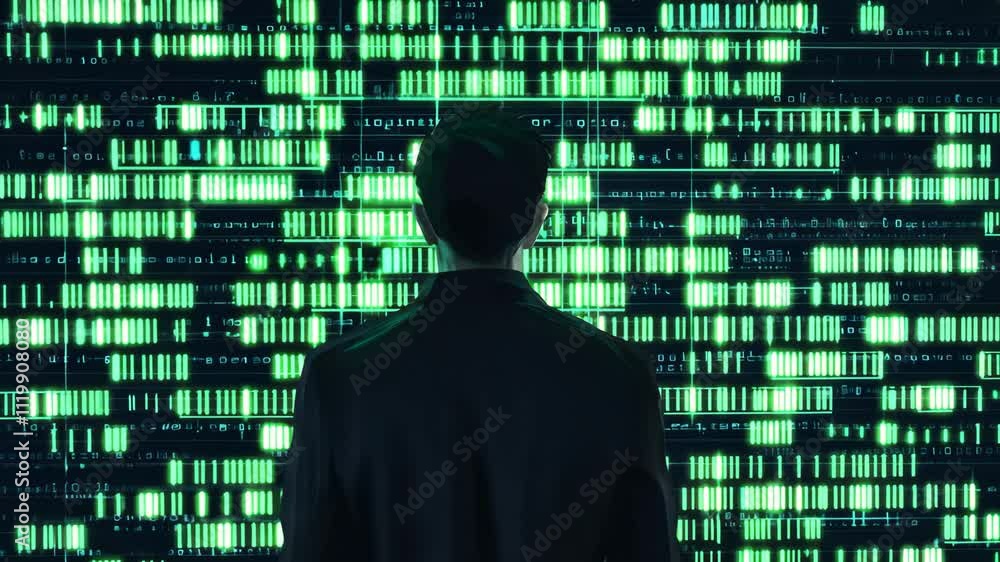 Poster mysterious silhouette of a hacker analyzing data on a digital background with green code