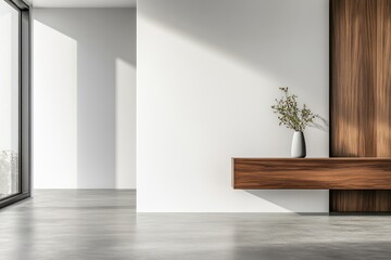 A minimalist interior featuring a vase with flowers against a clean wall and wooden accents.