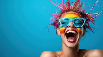 A vibrant woman with colorful hair, rainbow face paint, and oversized glasses, joyfully smiling against a bright blue background, capturing a spirit of positivity.