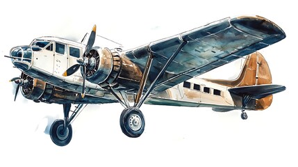 Watercolor illustration of a vintage airplane, dense arrangement, high resolution, no logos, no brands, no text 