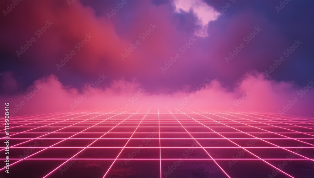 Poster a vibrant, surreal landscape with a grid pattern and colorful clouds.