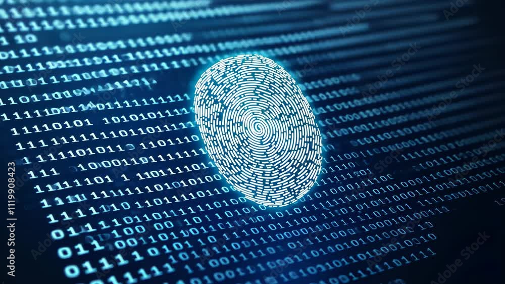 Poster glowing digital fingerprint interface with binary code background in blue tone