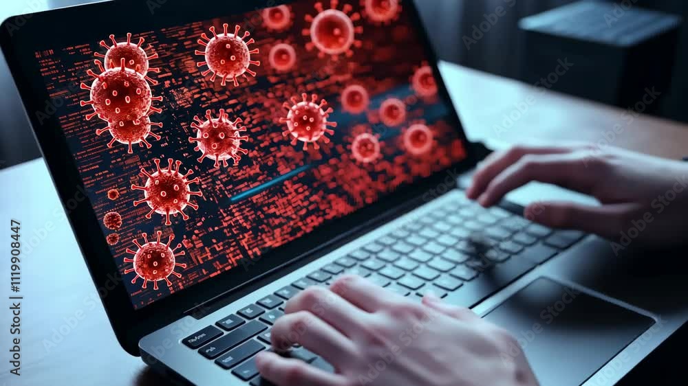 Poster hacker typing on keyboard surrounded by digital virus icons and data streams in dark environment