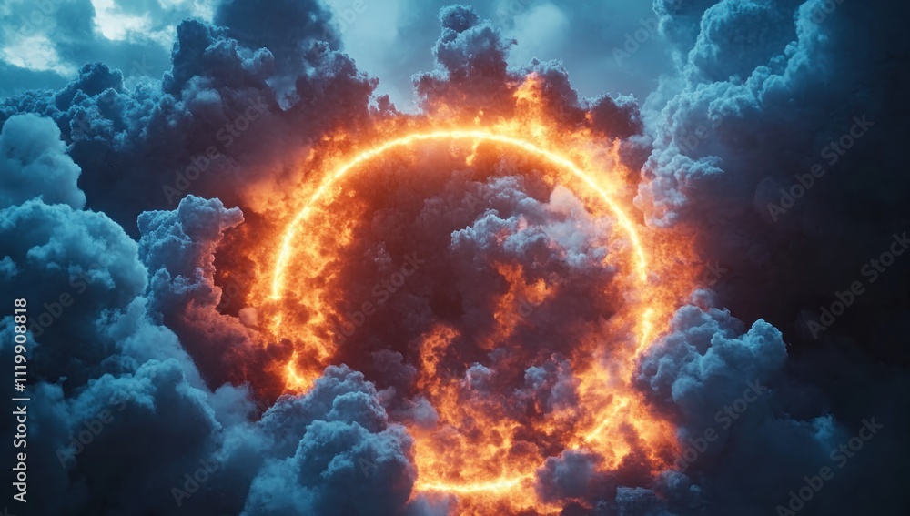 Poster a fiery circle emerges from dark, swirling clouds, creating a dramatic and mystical atmosphere.