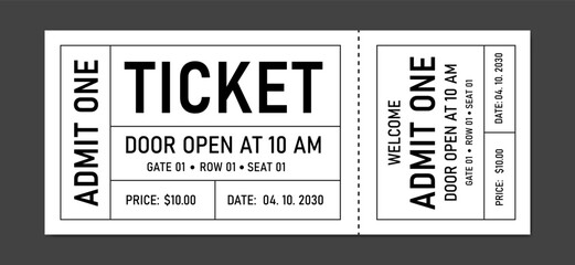 Simple ticket isolated. Classic admit one event ticket with detailed layout. Ticket admit one, Cinema, theater, concert, play, party, event, festival, coupon