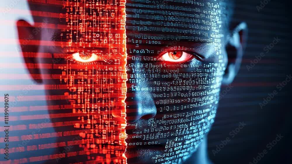 Poster futuristic human face split with glowing data patterns and red eyes for tech imagery