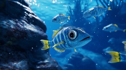 Obraz premium A group of fish swims around the rocks in the ocean, with several yellow lines on its body and big eyes with black pupils. The water was dark blue with small bubbles visible on it.