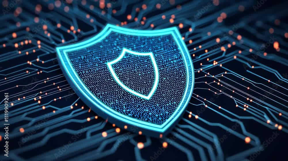 Poster digital shield icon with abstract circuit background and data elements in neon blue color