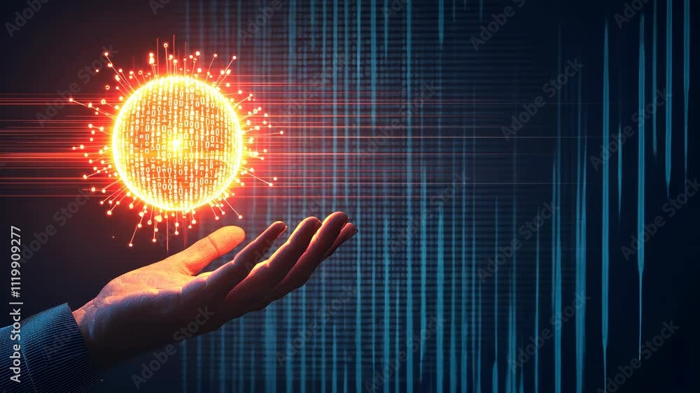Poster digital innovation concept with binary code and human hand in futuristic environment
