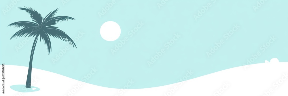 Poster a minimalist beach scene featuring a palm tree and a sun against a light blue background.