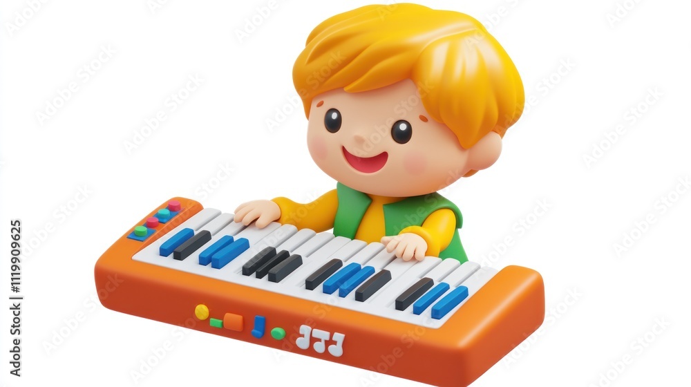 Poster a cheerful cartoon character playing a colorful toy keyboard, promoting music and creativity.