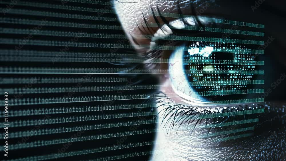 Poster human eye with digital data streams and binary code reflection in futuristic style