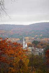 Church steeple peering through the branches of fall