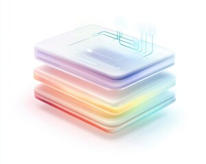 Modern abstract design featuring layered translucent shapes, soft colors, white background.