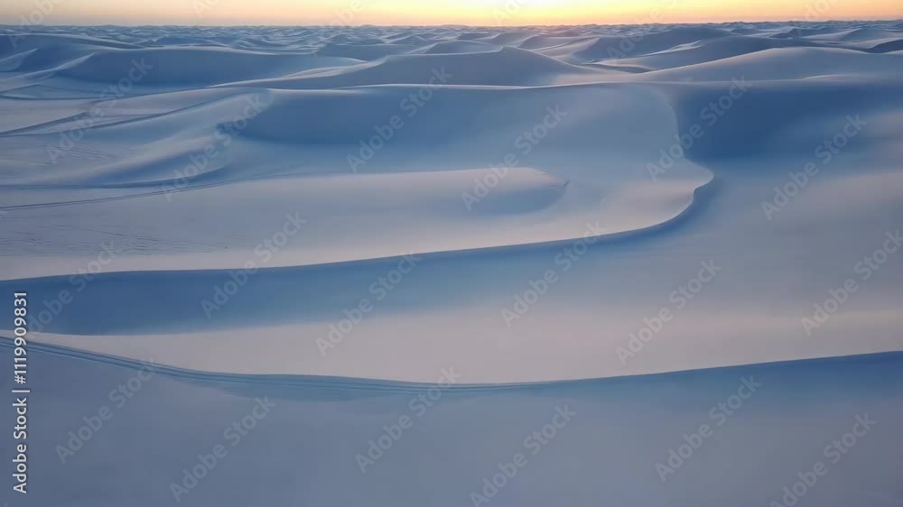 Poster smooth snow-covered dunes with gentle lighting and soft curves, creating an elegant natural winter s