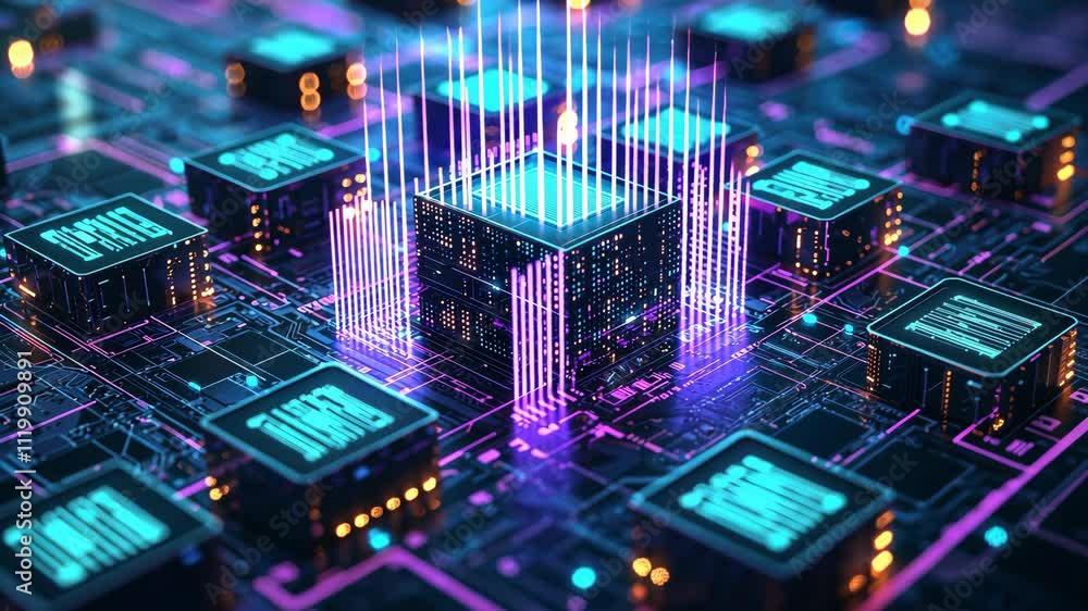 Poster futuristic cyber technology network with neon lights and microchip design for digital innovation
