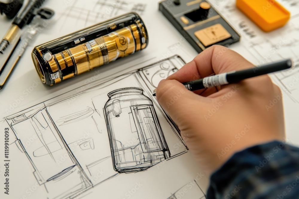 Aufkleber a hand sketches a jar on paper, surrounded by drawing tools and a decorative object.