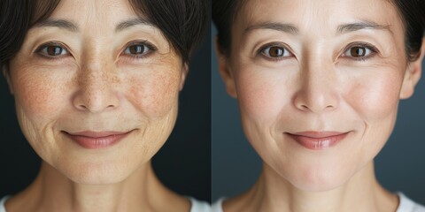 美容とスキンケアのビフォーアフター効果をフィーチャーした変身コンセプトの分割画面ポートレート