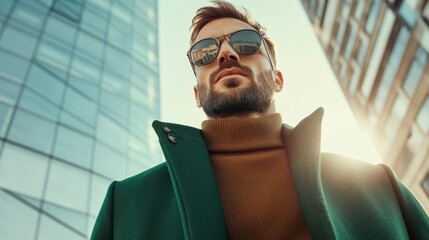 Low-angle view capturing a bearded man wearing sunglasses and a green coat in a modern city setting, exuding confidence and urban flair against skyscrapers.