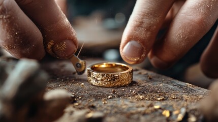 A craftsman carefully inspects a gold ring on a wooden workbench, surrounded by tools and materials, highlighting the artistry of jewelry making.