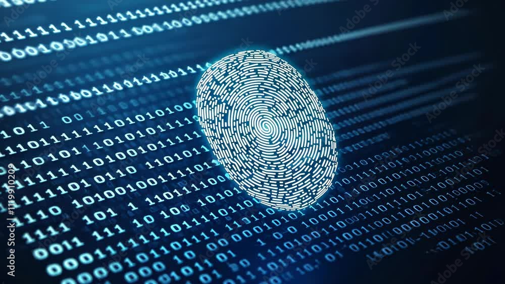 Poster glowing fingerprint overlay on digital background representing cybersecurity and identity verificati