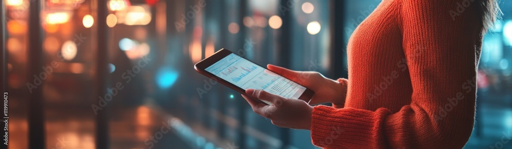 Poster A person holding a tablet with a graph display, illuminated by ambient lights.