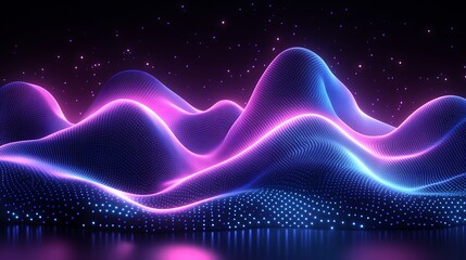 Abstract glowing neon landscape with pink and blue waves.
