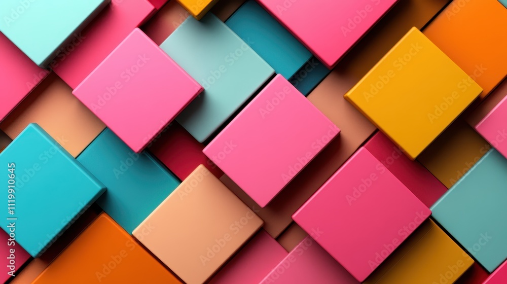 Poster this abstract image is composed of colorful geometric squares and rectangles, arranged in a dynamic,