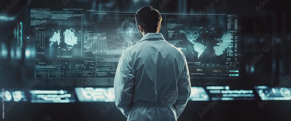 Aufkleber A researcher analyzes data on advanced digital screens in a futuristic lab setting.