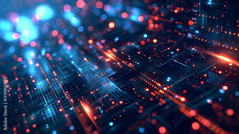 Poster abstract digital data flow, glowing lines and particles.