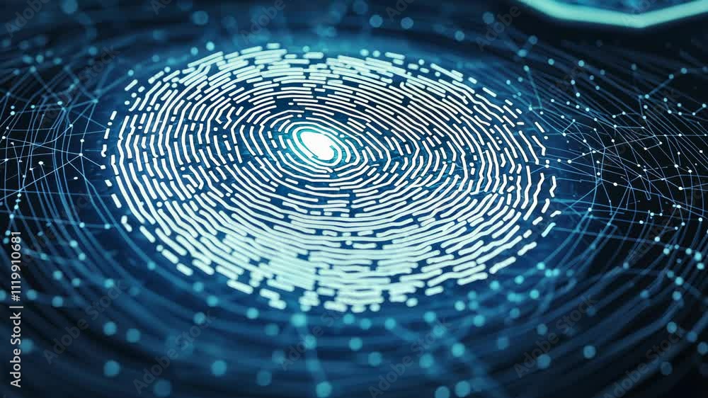 Poster digital fingerprint with abstract technology elements representing security and innovation