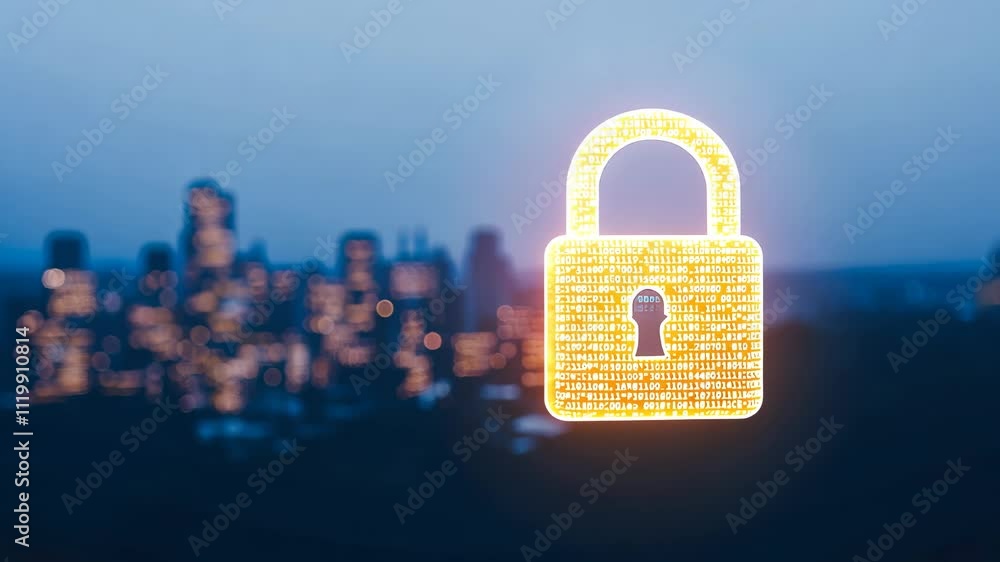 Poster glowing digital padlock with binary code over city skyline at dusk