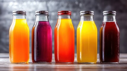 This image features an assortment of colorful drinks in stylish glass bottles, showcasing a range of vivid hues from orange to pink, against a neutral background.