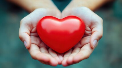 Human hands delicately holding a vibrant red heart symbol.
