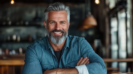 Fototapeta premium A portrait of a silver-haired mature man in a casual denim shirt, exuding a friendly, approachable demeanor while sitting comfortably in a modern, rustic setting.