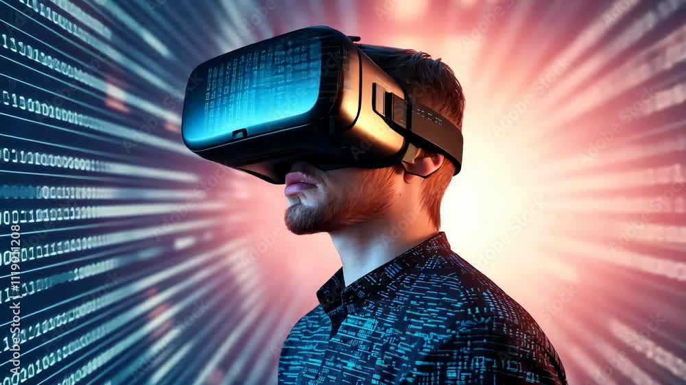 Poster futuristic hacker with virtual reality headset exploring digital world and code