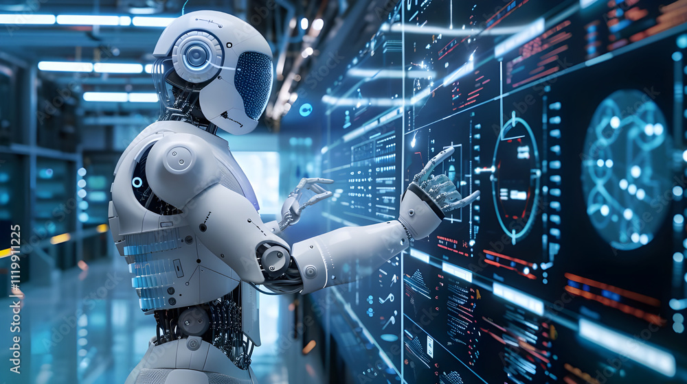 Aufkleber advanced robot interacts with a futuristic holographic interface in a high-tech facility.