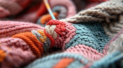 A close-up view of colorful knitted fabric showcasing intricate patterns and textures, with yarn and needles prominently featured.