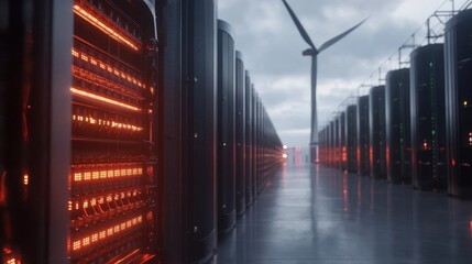 Futuristic data center featuring advanced server racks and wind turbine, showcasing sustainable energy solutions for technology infrastructure and digital innovation