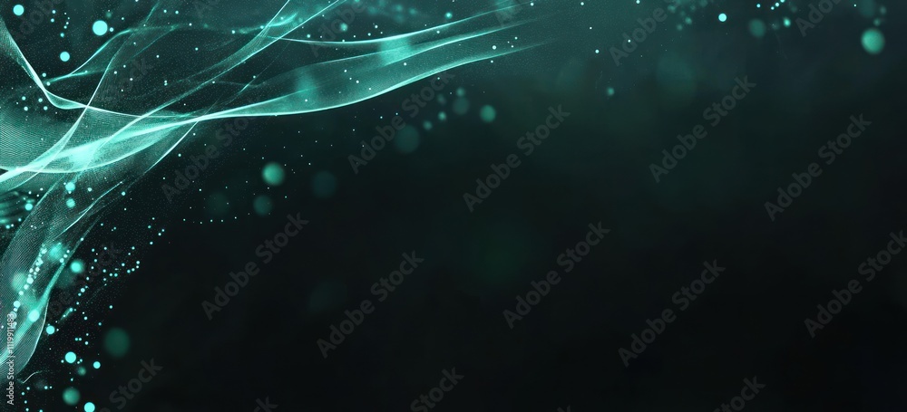 Poster Abstract teal and black background with flowing lines and soft bokeh effects.