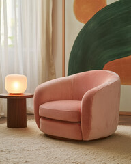 Minimalist, japandi interior design of modern stylish living room. Accent pink armchair against window.