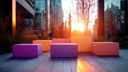 Brightly colored cubes, possibly seats, line a wooden deck in an urban environment, the warm sunset glow highlighting their vibrant hues and peaceful ambiance.