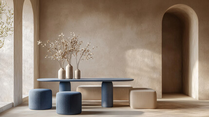 Minimalist, japandi style interior design of modern living room. Beige bench and blue ottoman chairs near blue dining table. Room with stucco walls and arch doorway.