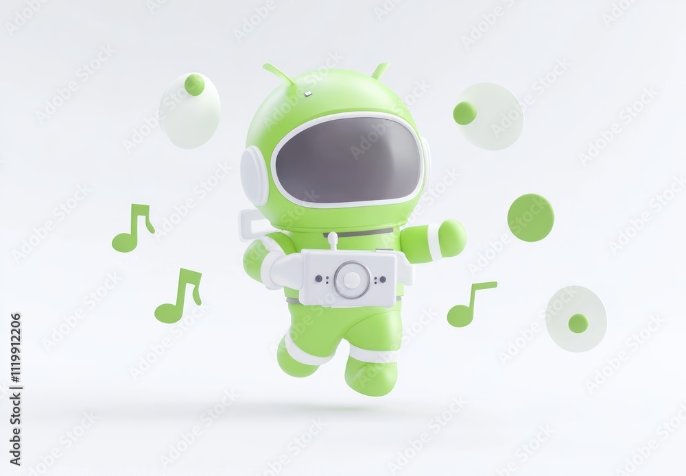 Poster a playful green astronaut character holding a camera, surrounded by musical notes and circles.