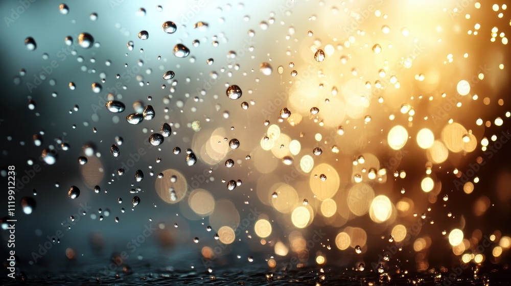 Poster A mesmerizing image depicting tiny droplets of water reflecting light against a blurred background, creating an enchanting bokeh effect that captivates with its serene elegance.